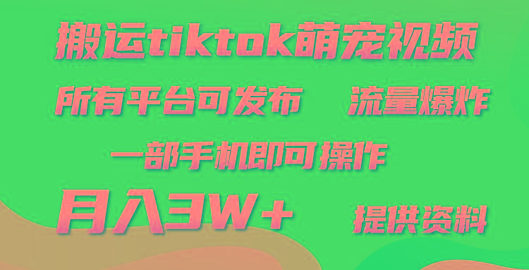 (9618期)搬运Tiktok萌宠类视频，一部手机即可。所有短视频平台均可操作，月入3W+互联网行业-互联网创业-创业网-知识创造价值 新生无限可能网创星球